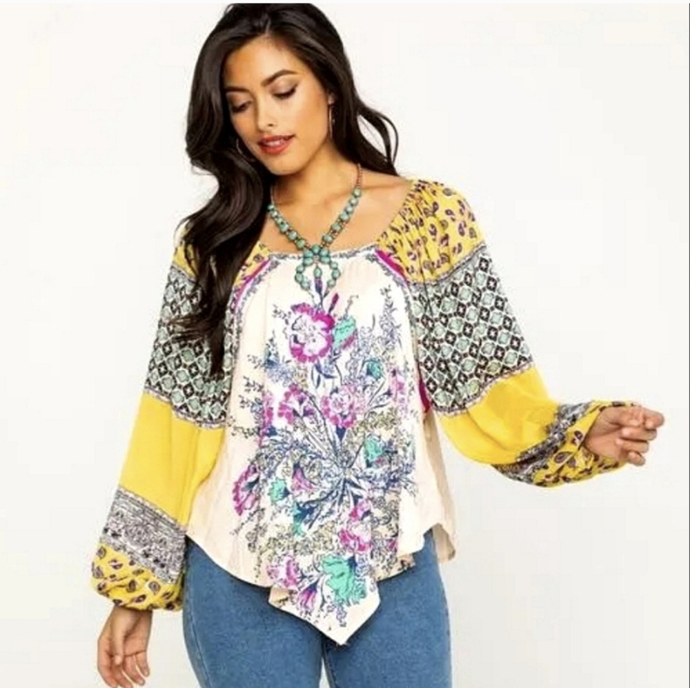 Free People Positano Floral Balloon Sleeve Oversized Boho Top
